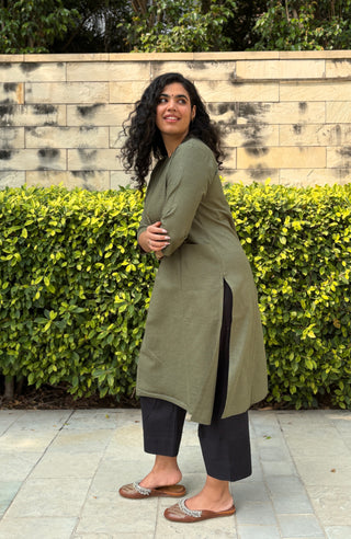 Sunflower Linen Pocket Kurta- Olive