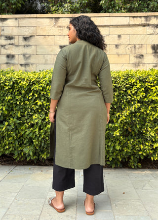 Sunflower Linen Pocket Kurta- Olive
