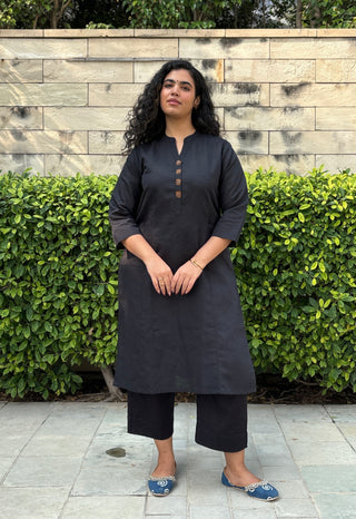 Sunflower Linen Pocket Kurta- Black
