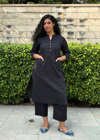 Sunflower Linen Pocket Kurta- Black
