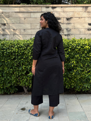 Sunflower Linen Pocket Kurta- Black