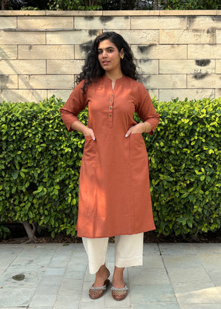 Sunflower Linen Pocket Kurta- Rust