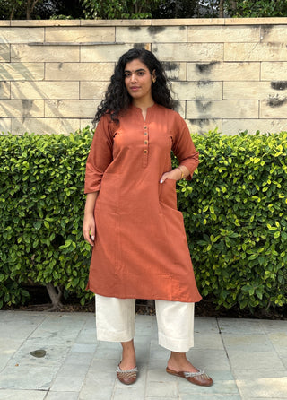 Sunflower Linen Pocket Kurta- Rust