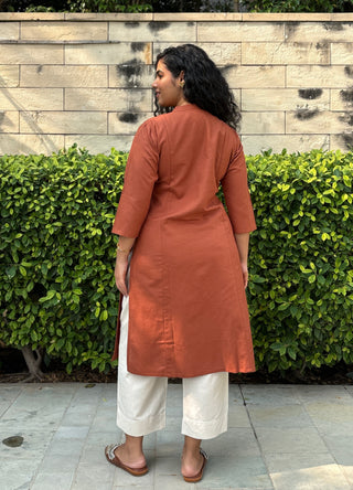 Sunflower Linen Pocket Kurta- Rust