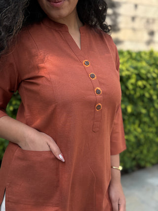 Sunflower Linen Pocket Kurta- Rust