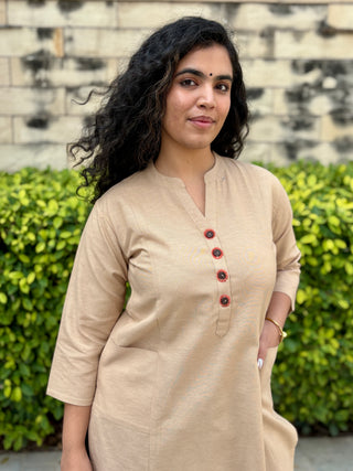 Sunflower Linen Pocket Kurta- Beige