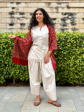 Piku Farshi Set with Modal Silk Stole- Ivory