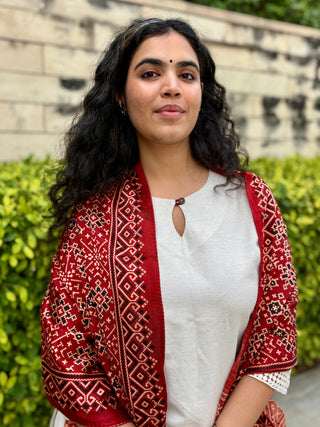 Piku Farshi Set with Modal Silk Stole- Ivory