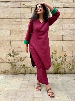 Meera Linen Kurta Set- Wine