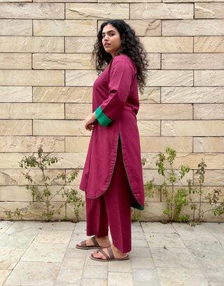 Meera Linen Kurta Set- Wine