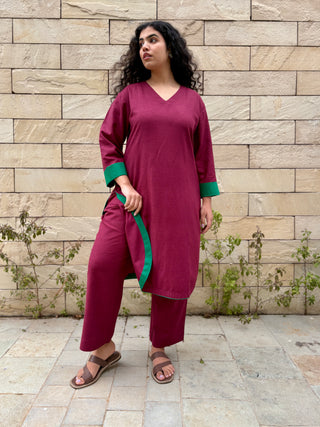 Meera Linen Kurta Set- Wine