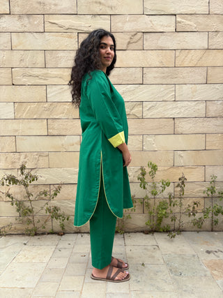 Meera Linen Kurta Set- Green