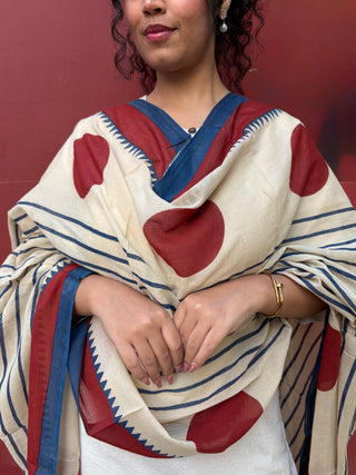Mulmul Block Dupatta- Ivory Red