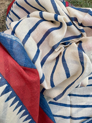 Mulmul Block Dupatta- Ivory Red