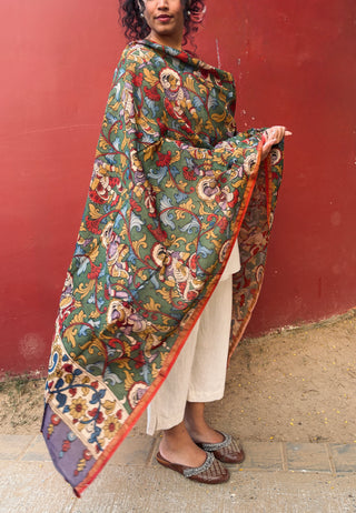 Kalamkari Silk Dupatta- Green