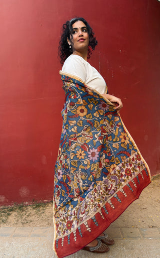 Kalamkari Silk Dupatta- Blue