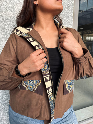 Linen Bomber Jacket- Brown