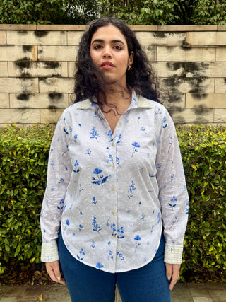 Schiffli V neck Shirt- White