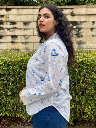 Schiffli V neck Shirt- White