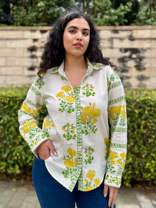 Linen Blend V neck Shirt- Lemon