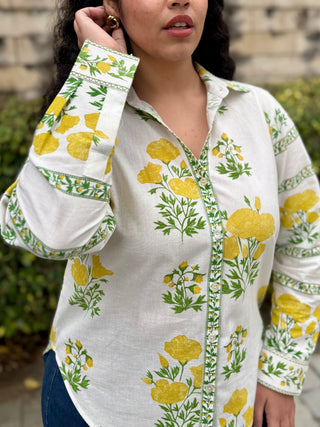 Linen Blend V neck Shirt- Lemon