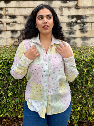 Schiffli V neck Shirt- Rose Patch