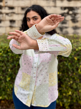 Schiffli V neck Shirt- Rose Patch