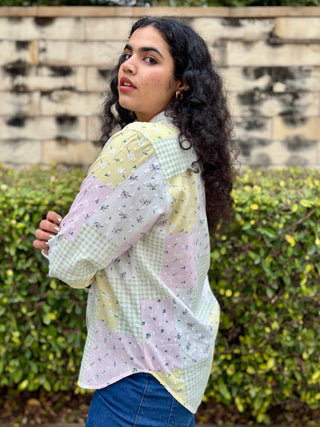 Schiffli V neck Shirt- Rose Patch