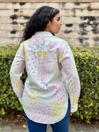 Schiffli V neck Shirt- Rose Patch