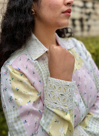 Schiffli V neck Shirt- Rose Patch