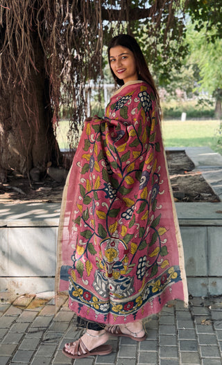 Kalamkari Silk Dupatta- Temple Motifs
