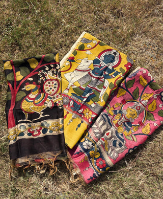 Kalamkari Silk Dupatta- Temple Motifs