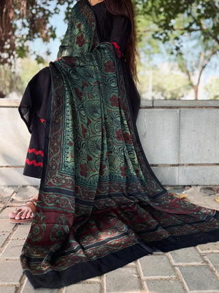 Ajrakh Silk Dupatta- Flower Motif