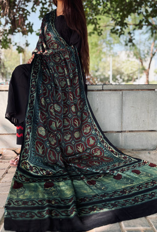 Ajrakh Silk Dupatta- Mughal Motif