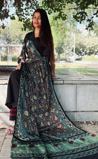Ajrakh Silk Dupatta- Mughal Motif