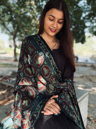 Ajrakh Silk Dupatta- Mughal Motif