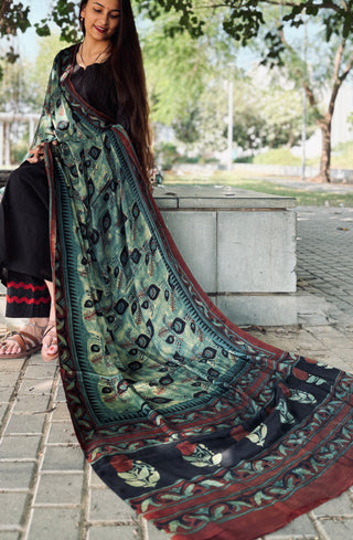 Ajrakh Silk Dupatta- Feather Motif