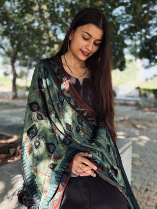 Ajrakh Silk Dupatta- Feather Motif