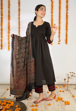 Afghan Ajrakh Set- Black (with dupatta) ◾