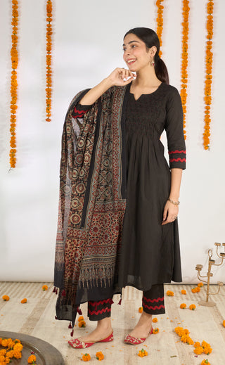 Afghan Ajrakh Set- Black (with dupatta) ◾