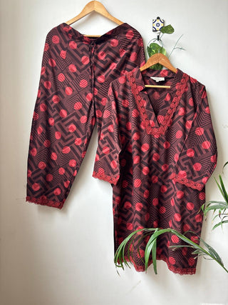 Kaveri Dabu Kurta Set- Red