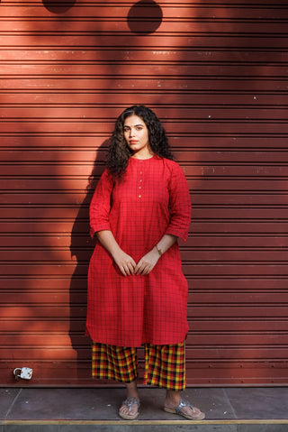 Umang Handloom Kurta set- Red Checks