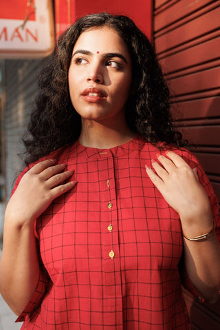 Umang Handloom Kurta set- Red Checks