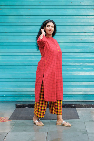 Umang Handloom Kurta set- Red Checks