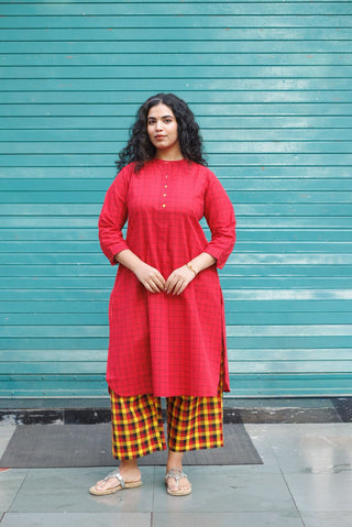 Umang Handloom Kurta set- Red Checks
