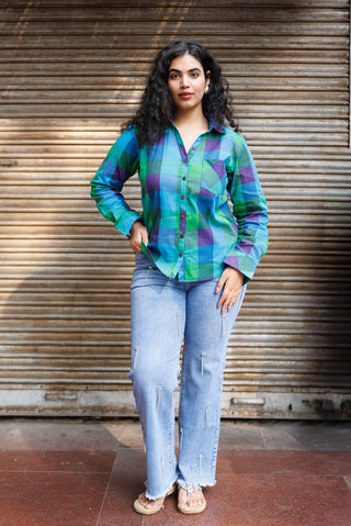 Madras Checks Handloom Shirt- Peacock Blue