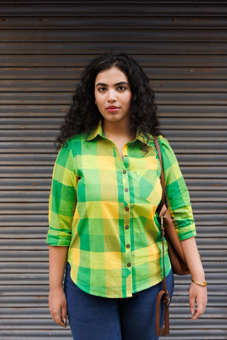 Madras Checks Handloom Shirt- Parrot Green